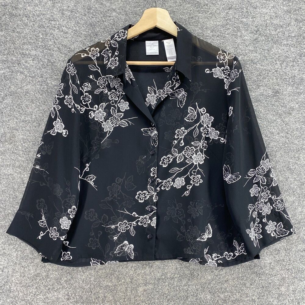 Emma James Shirt Women 12P Petite Black Floral Button Up Collared Long Sleeve